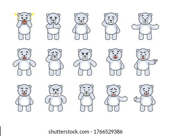 Set of cute polar bear mascots showing various hand gestures. Chibi white bear pointing, greeting, celebrating showing stop hand and other gestures. Vector illustration bundle