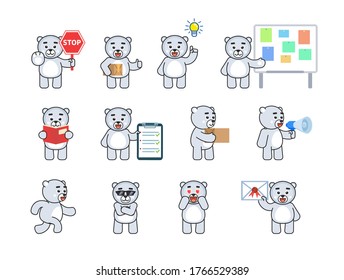 Set Of Cute Polar Bear Mascots In Various Situations. Chibi White Bear Holding Stop Sign, Parcel Box, Document, Reading Book, Running And Other Emoticons. Vector Illustration Bundle