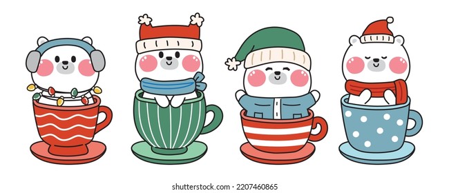 Set of cute polar bear stay in cup.Animal wear santa hat and winter costume.Merry christmas collection.Happy festival.Kid cartoon hand drawn.Kawaii.Vector.Illustration.