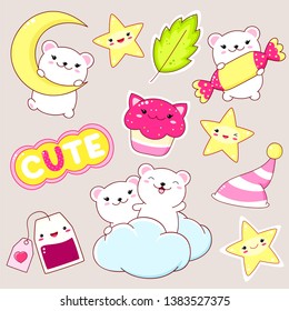 Set of cute polar bears in kawaii style. Polar bear on moon, clouds, with candy, cupcake, star, teabag, sticker with inscription cool. EPS8