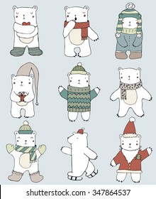 Set of cute polar bears on blue background. Hand drawn illustration. Vector. Isolated. Christmas childish pattern. Bears in Clothing - hat, sweater, scates, scarf, cap. Cute Teddy Bear Collection.