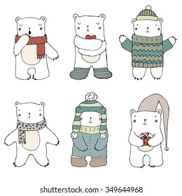 Set cute polar bears white  background  Hand drawn illustration  Vector  Isolated  Christmas childish pattern  Bears in Clothing    hat  sweater  scarf  cap  Cute Teddy Bear Collection 