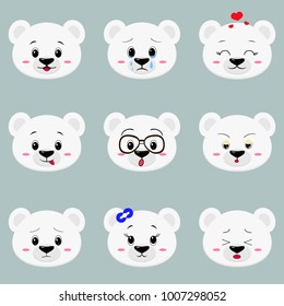 Set of cute polar white bear face different emotions in cartoon style.