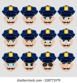 Set of cute policeman emoticons. Vector illustration.