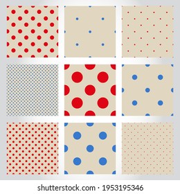 Conjunto de lindos puntos de polka sin costura. Colección de fondos geométricos con puntos, círculos. Formas redondeadas. 