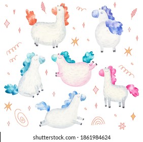 set of cute ponies, children's watercolor illustration, room design, printing