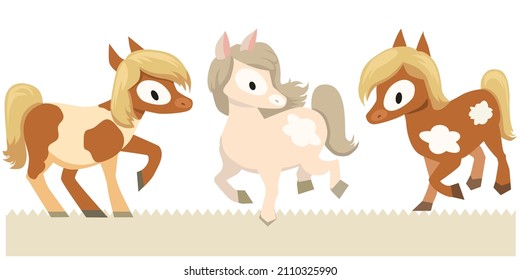 Set of cute ponies with a thick mane. Cartoon brown horses isolated on a white background. 
