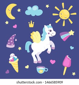 Set of cute pony with wings or beautiful horse with different cute items. Sun and moon, rainbow and ice cream. Pretty pony for little girls. Vector illustration. Cartoon flat style.
