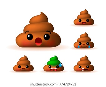 Set of Cute Poo Emoticons on White Background . Isolated Vector Illustration 