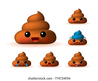 Set of Cute Poo Emoticons on White Background. Isolated Vector Illustration 