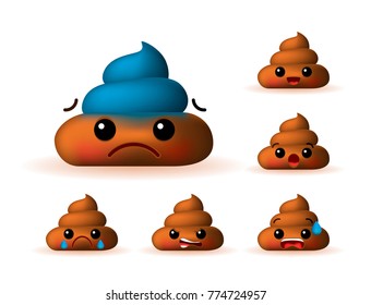 Set of Cute Poo Emoticons on White Background . Isolated Vector Illustration 