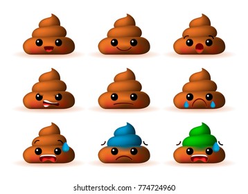 Set of Cute Poo Emoticons on White Background. Isolated Vector Illustration 