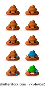 Set of Cute Poo Emoticons on White Background . Isolated Vector Illustration 
