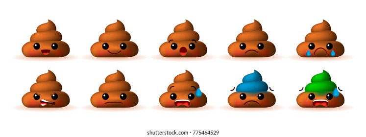 Set of Cute Poo Emoticons on White Background . Isolated Vector Illustration 