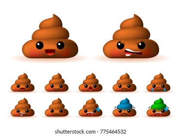 Set of Cute Poo Emoticons on White Background . Isolated Vector Illustration 