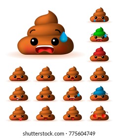 Set of Cute Poo Emoticons on White Background . Isolated Vector Illustration 