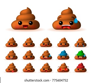 Set of Cute Poo Emoticons on White Background . Isolated Vector Illustration 