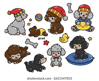 Conjunto de cães poodle bonito em várias poses com ilustrações vetoriais desenhadas à mão. Estilo de arte plana Doodle, isolado e fácil de usar para projetos criativos e projetos.
