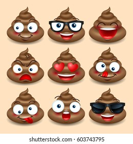 Set of cute poop, happy poop, emoji, emotional, vector illustration.