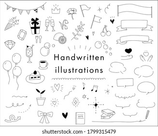 Set of cute pop hand drawn illustrations for decoration of parties, frames, flowers, drinks, hearts, stars, etc.