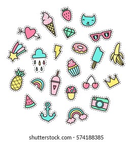 Set of cute pop stickers. Vector hand drawn objects