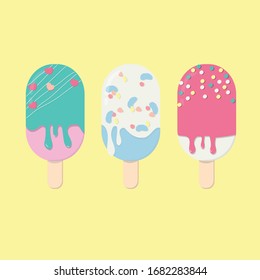 Set of cute popsicles with colorful spinkles vector banner for summer. Variety of ice cream stick with topping on pastel color. 