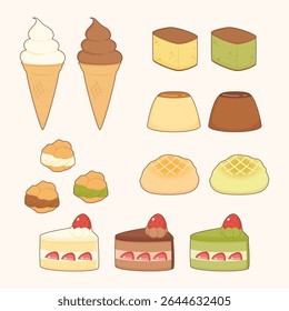 conjunto de doces estilo japonês populares bonitos em vários tipos, incluindo suave servir melão bun bolo curto pudim castella bolo choux creme, ilustração vetorial