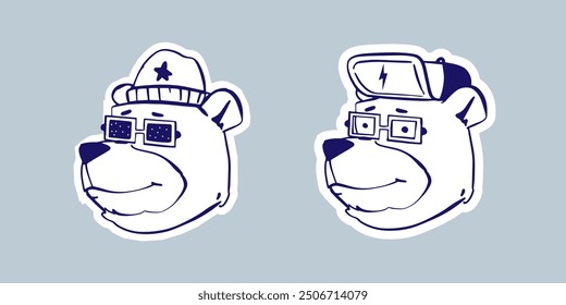 Set cute portrait of a bear in a hat and a cap. Trendy vector illustration.