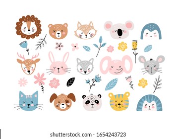 Set of cute portraits of animals and flowers for design postcards, children s birthday, party, baby shower. Simple flat design elements. Vector illustration