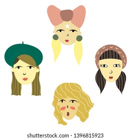 Set of cute portraits of young women. Different cartoon female faces. Vector design.