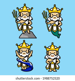 Set of cute Poseidon Neptune mascot design