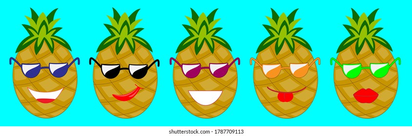 Set of cute positive pineapples with glasses. Vector cartoon character illustration icon design.