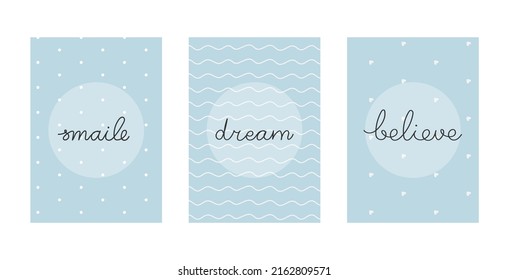 A set of cute positives with simple patterns and hand lettering. Life-affirming lettering. Vector illustration. Elegant greeting card with handwritten typography, pastel color postcard