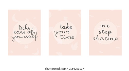 A set of cute positives with simple patterns and hand lettering. Life-affirming lettering. Vector illustration. Elegant greeting card with handwritten typography, pastel color postcard