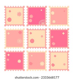 A set of cute Postage Stamps in pink colors.Vector vacation template for envelope or card. Creative hand drawing sticker collage.