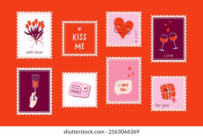 Set of cute postage stamps for Valentine's Day. Colorful holiday posters. Love theme prints for greeting card and textile. Hand drawn flat design vector illustration.