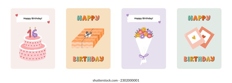 Set of cute postcard for Happy Birthday. Trendy and minimalistic posters with lettering and hand drawn illustration about birthday party, holiday, celebration, anniversary. Greeting card template.