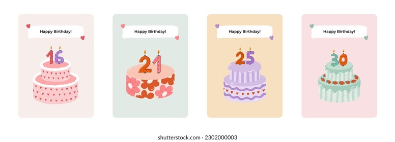 Set of cute postcard for Happy Birthday. Trendy and minimalistic posters with lettering and hand drawn illustration about birthday party, holiday, celebration, anniversary. Greeting card template.