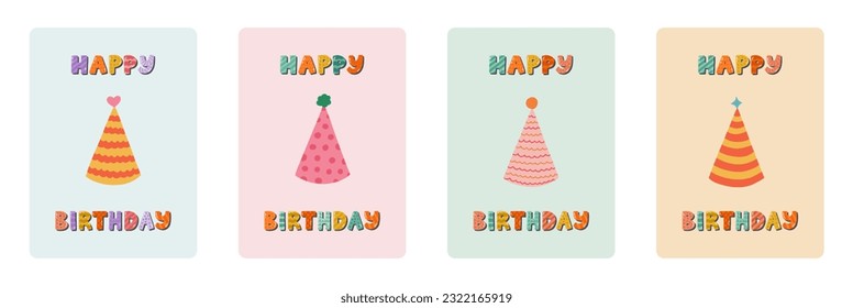 Set süße Postkarte zum Geburtstag glücklich. Trendste und minimalistische Plakate mit Schriftzeichen und handgezeichneter Illustration über Geburtstagsfeier, Feiertag, Jubiläum. Grußkartenvorlage.