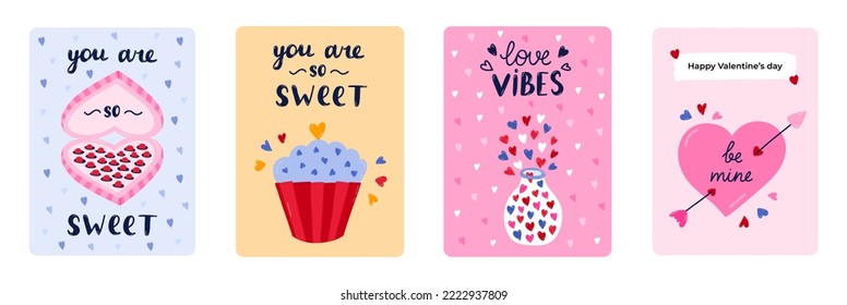 Juego de postales lindas para Feliz Día de San Valentín, cumpleaños u otras vacaciones. Afiches con letras y vectores dibujados a mano sobre amor, romance, vacaciones, 14 de febrero. Plantilla de tarjeta de felicitación