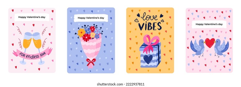 Set of cute postcard for Happy Valentine's day, birthday or other holiday. Posters with lettering and vector hand drawn illustration about love, romance, holiday, 14th February. Greeting card template