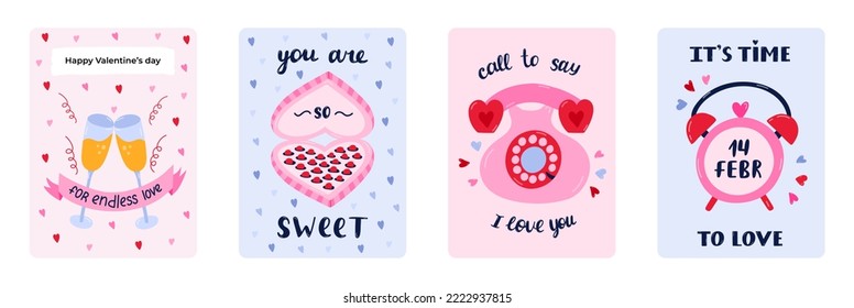 Set of cute postcard for Happy Valentine's day, birthday or other holiday. Posters with lettering and vector hand drawn illustration about love, romance, holiday, 14th February. Greeting card template