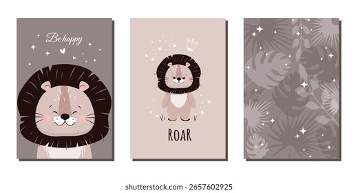 A set of cute postcard or poster templates and a beautiful background with a funny hand-drawn lion and tropical leaves. Vector illustrations for invitations, greeting cards, posters and more.