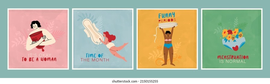 Juego de postales lindas sobre menstruación. La menstruación es normal. Está bien ser mujer. Períodos divertidos. Hora del mes. Vector.