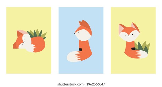 A set of cute postcards with animals. Various little fox cubs are hand-drawn. Greeting poster, T-shirt print, children's room design element. All objects are isolated. Cartoon vector illustration.