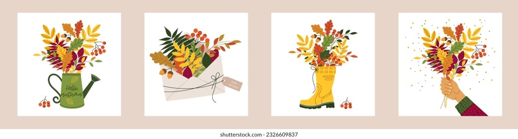set of cute postcards with autumn bouquets. four postcards in a flat style for autumn greetings. stock vector illustration. EPS 10.