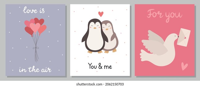 A set of cute postcards. Balloons hearts, a pair of penguins, a carrier pigeon with an envelope. Happy Valentine's Day. Vector illustration