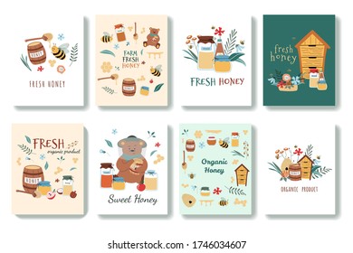 Set cute postcards in cartoon style   There are bees  fresh honey  jars  hive  honey spoon  flowers  bear  honeycomb  Hand drawn vector illustration  Isolated background 