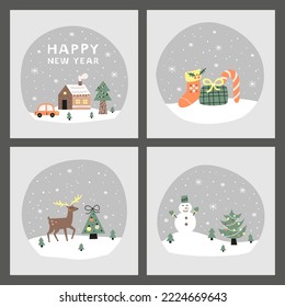 Juego de postales lindas con iconos de Navidad e invierno al estilo de dibujos animados modernos aislados en fondo gris. Felices ilustraciones de año nuevo.