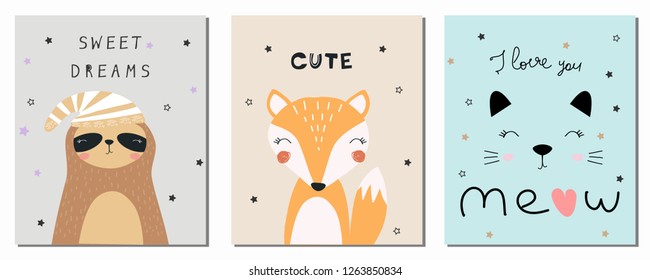 A set of cute postcards depicting animals Fox, sloth, kitten. Vector illustration for printing on packaging paper, postcard, fabric, sticker, advertising poster, banner, clothes.